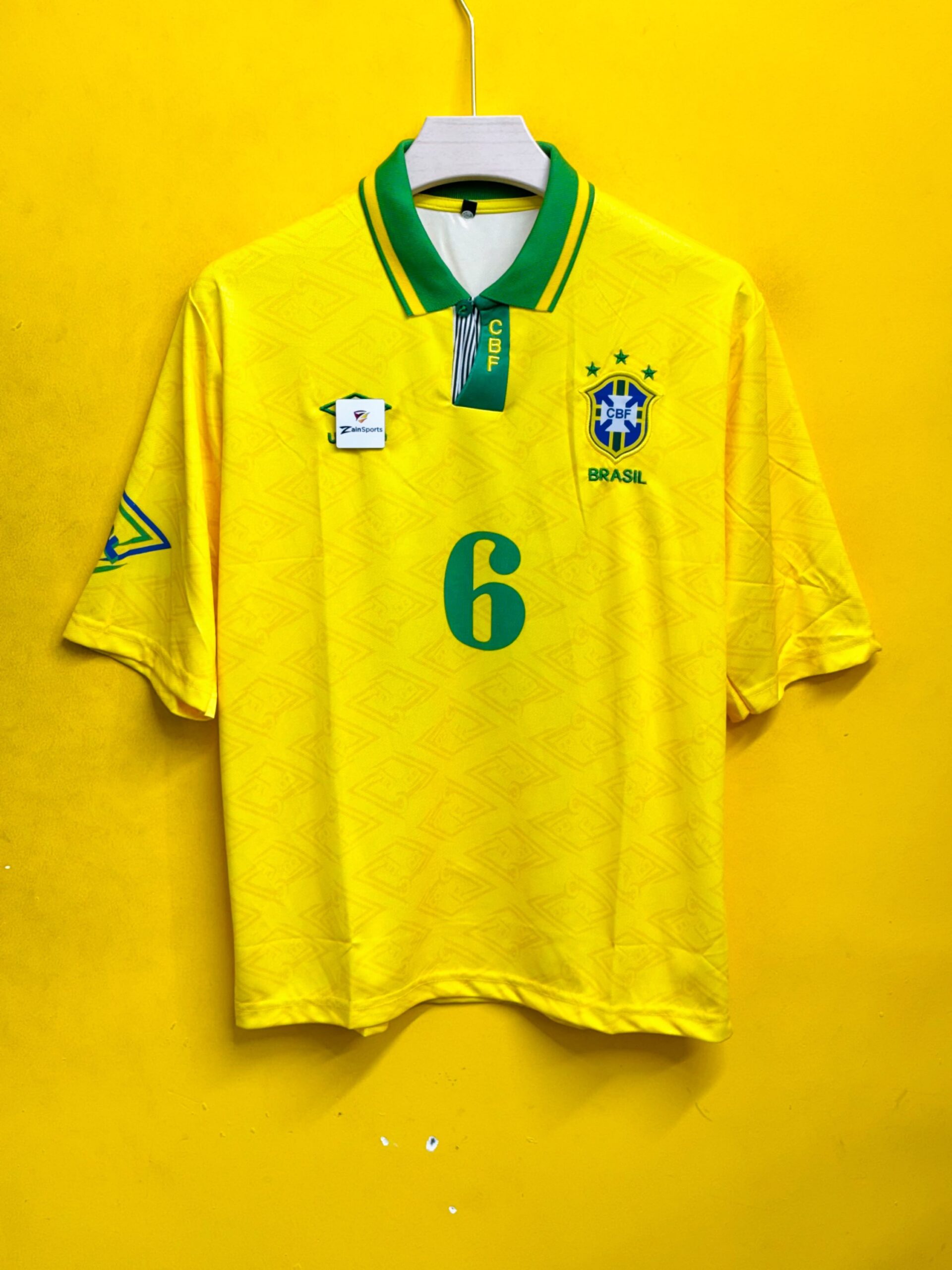 BRAZIL 1991-93 HOME RETRO FIVE SLEEVE JERSEY R. CARLOS